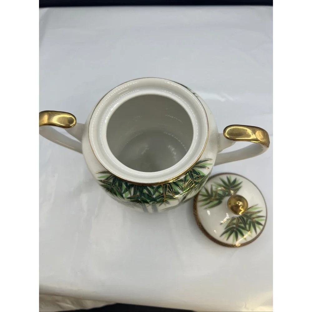 Vtg Hakusan China Covered Sugar Bowl Hand Painted Green Bamboo Gold Trim Japan